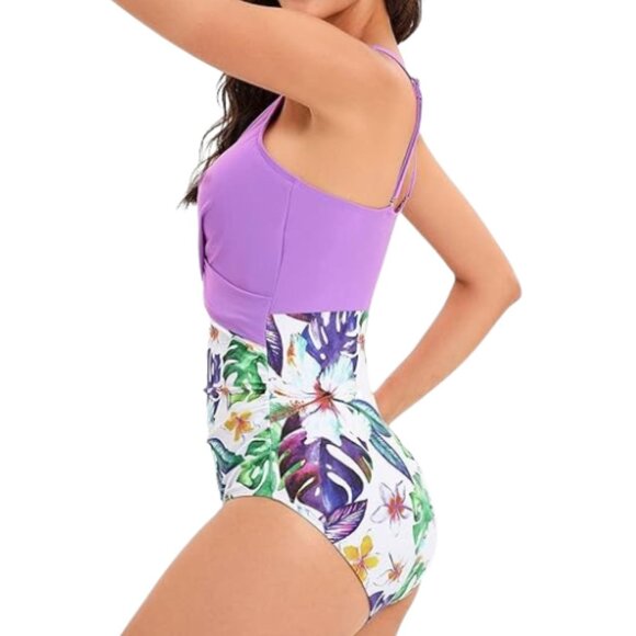$135 Medium Purple High Waisted Cut One Piece Swimsuit Swimwear Tummy Control - Picture 3 of 5